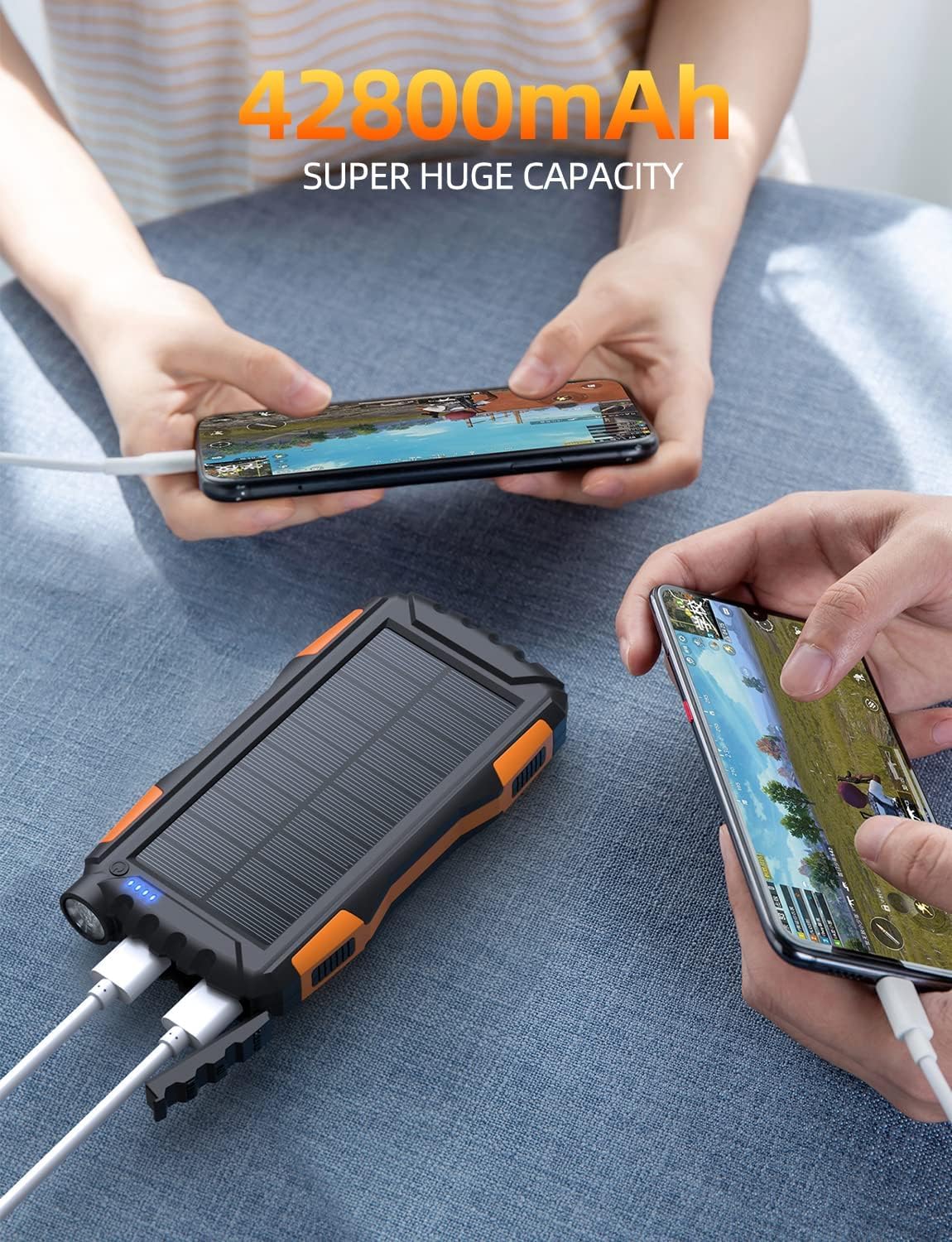 Solar Charger Power Bank 42800mAh, Portable Charger, Solar Power Bank,External Battery Pack 5V3.1A Qc 3.0 Fast Charger Built-in Super Bright Flashlight (Orange)