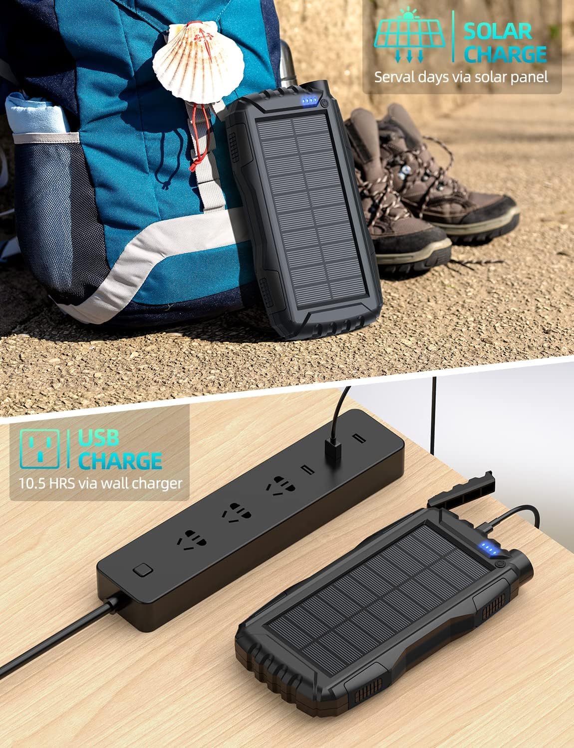 Solar Charger Power Bank 42800mAh, Portable Charger, Solar Power Bank,External Battery Pack 5V3.1A Qc 3.0 Fast Charger Built-in Super Bright Flashlight (Black)